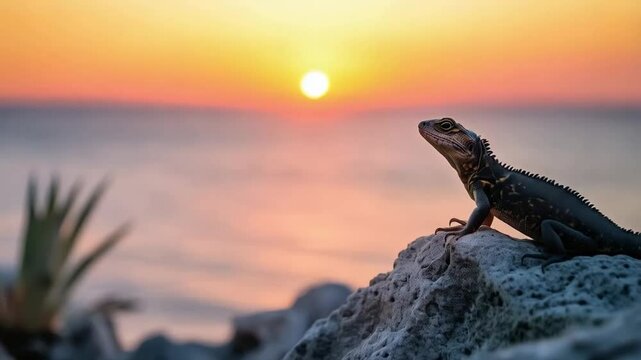 Scene of a lizard on a rock near the beach at sunset, smooth repeating motion for background video animation
