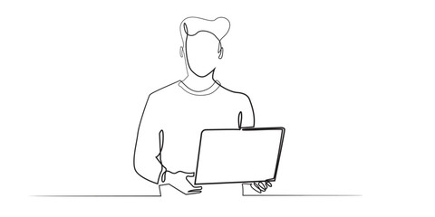 one continuous line drawing of young man holding laptop.suitable for business,technology,advertising signs