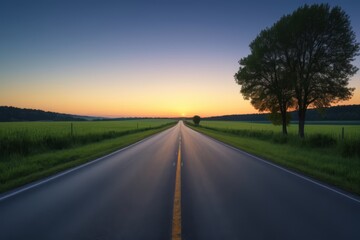 Fototapeta premium arafed road with a tree and a field in the distance