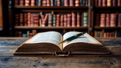 Obraz premium Vintage book and pen on wooden library table