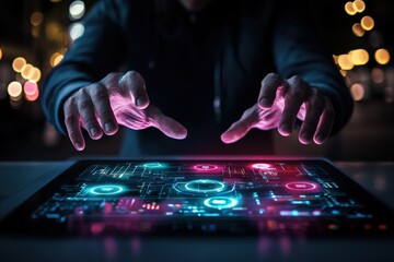 Fototapeta premium Augmented reality hands interacting with a digital hologram, futuristic user interface concept, neon cyber touch technology