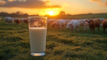 Glass of Fresh Milk on Green Grass with Cows in Pasture Against Beautiful Sunset Background in Rural Landscape