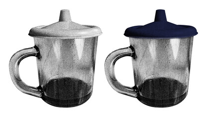 A glass coffee cup in halftone style illustration with a transparent background. Bold color and a retro, graphic print aesthetic. Ideal for poster and collage design element