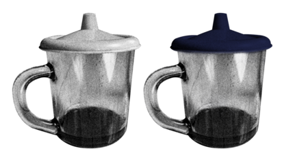 A glass coffee cup in halftone style illustration with a transparent background. Bold color and a retro, graphic print aesthetic. Ideal for poster and collage design element