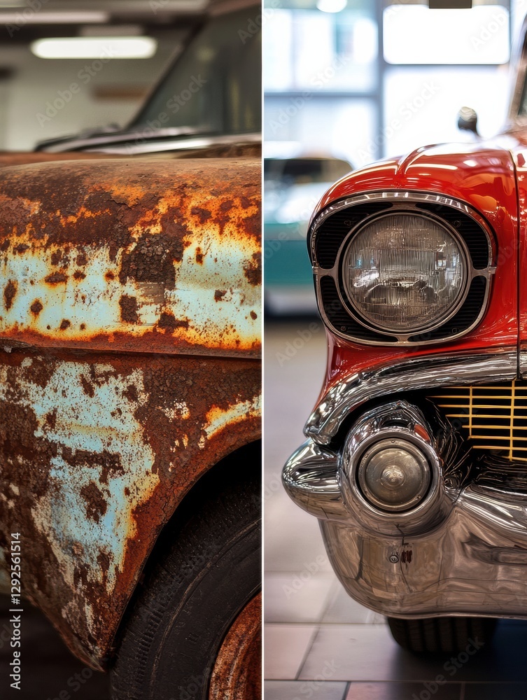 Poster Classic car transformation showcasing rusted side next to restored shiny side in workshop setting. Generative AI