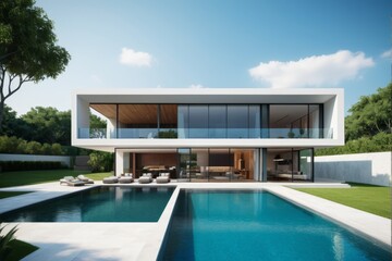 Fototapeta premium arafed view of a modern house with a pool and a patio