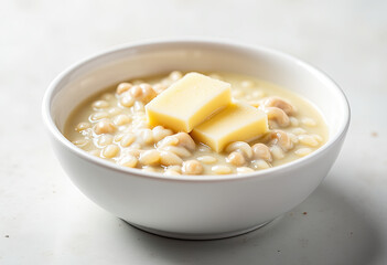 Creamy porridge with melting butter pieces for breakfast recipe websites, food blogs, healthy eating guides, and nutritional education materials