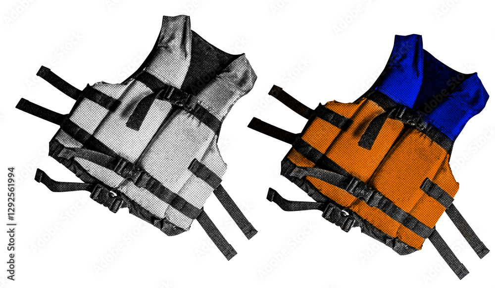 Fototapete life jacket in halftone style illustration with a transparent background. bold color and a retro, gr