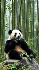 Obraz premium Bamboo Forest with a Panda Sitting on a Rock, Enjoying Fresh Bamboo Leaves