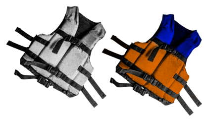 Life Jacket in halftone style illustration with a transparent background. Bold color and a retro, graphic print aesthetic. Ideal for poster and collage design element