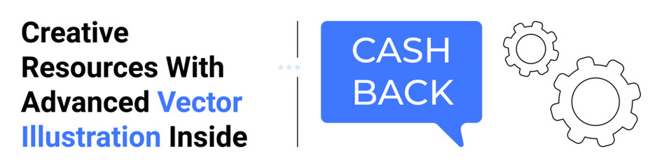 Blue cashback speech bubble with gear icons symbolizing rewards and operational effectiveness. Ideal for promotions, ecommerce campaigns, fintech solutions, loyalty programs, systems, savings, flat
