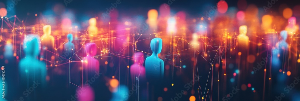 Aufkleber Colorful 3D avatars connected by glowing network lines represent digital interaction and social connectivity. Generative AI