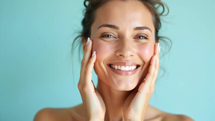 Fototapeta premium Close-Up of a Smiling Woman with Glowing, Radiant Skin, Soft Natural Lighting, Pastel Blue Background, Fresh and Minimalist Aesthetic, Beauty and Skincare Concept, Self-Care and Wellness Inspiration
