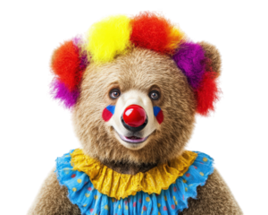 bear dressed as clown with big red nose and colorful wig, exuding playful and cheerful vibe. This whimsical character brings joy and laughter to any setting
