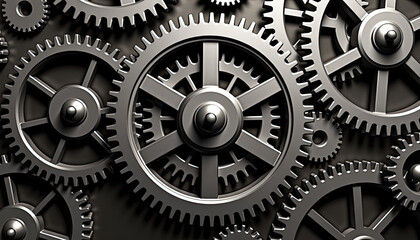 Close-up of interlocking metal gears in dramatic lighting for industrial design projects, mechanical engineering presentations, steampunk art and technical education materials.