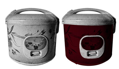 Rice Cooker in halftone style illustration with a transparent background. Bold color and a retro, graphic print aesthetic. Ideal for poster and collage design element