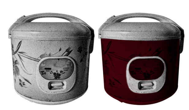 Rice Cooker in halftone style illustration with a transparent background. Bold color and a retro, graphic print aesthetic. Ideal for poster and collage design element