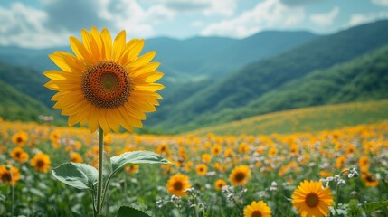Fototapeta premium Vibrant Sunflower in Full Bloom Against Lush Green Mountains and Scenic Blue Sky with Soft Clouds in a Beautiful Summer Landscape
