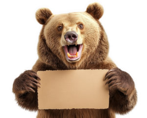 Bear making silly face while holding blank sign, showcasing playful expression. This humorous image captures charm of wildlife in fun way