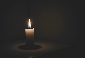 A candle with a flickering flame in a dim environment. Warm light casts soft shadows, creating a calm and intimate atmosphere. A minimalist composition emphasizing warmth, tranquility, and relaxation.