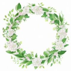 Naklejka premium Circular Green Leaf and Flower Wreath with Symmetrical Arrangement and Minimalistic Design on White Background.