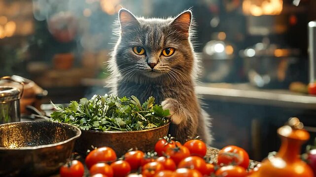 Gray cat in kitchen with food, curious about herbs, stock photo for animal lovers