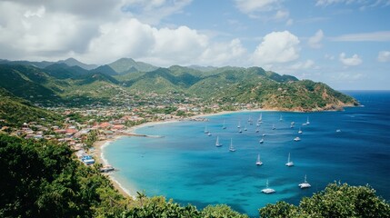 Naklejka premium Picturesque Coastal Town with Boats in Harbor