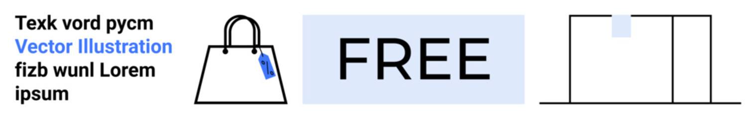 Shopping bag with tag, bold text FREE, package box outline. Ideal for retail, discounts, promotions, online stores, shipping, sales branding flat landing page banner