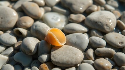  Golden Brown Seashell with Sparkling Specks on Ocean Pebbles, with Clear, Shimmering Water Surrounding It