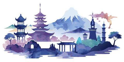 Fototapeta premium Asian Landmarks Silhouette – A watercolor composition featuring the Forbidden City, Mount Fuji, Borobudur Temple, Marina Bay Sands, and the Taj Mahal, painted in delicate pastels and deep indigo tones