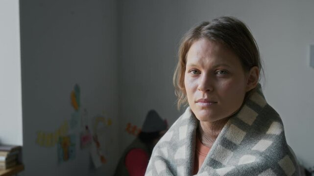 Medium closeup portrait of traumatized young Caucasian female natural disaster or war survivor, wrapped in blanket, standing by window in refugee shelter, turning, looking at camera with tears in eyes