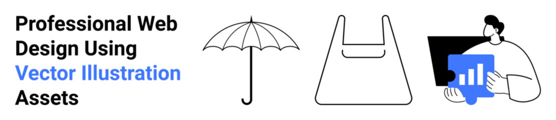 Umbrella, shopping bag, and person analyzing data using a computer. Ideal for e-commerce, data analysis, marketing, web design, branding, graphic design flat landing page banner