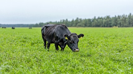 Black cow grazing in green pasture, trees in background, rural farmland scene