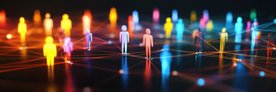 Colorful 3D avatars connected by glowing network lines showcasing digital social media interaction. Generative AI