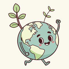 cute gardening earth globe cartoon with tiny plant.