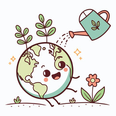 cute gardening earth globe cartoon with tiny plant.