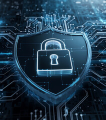 Futuristic Shield with Padlock in Digital Space