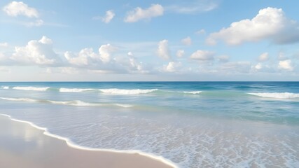 Fototapeta premium A dreamy beach scene with soft clouds floating in a blue sky, gentle ripples on the ocean, and calm waters lapping at the shore,