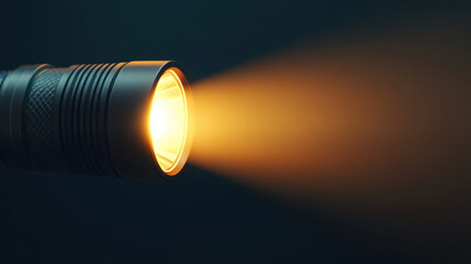 close up of flashlight emitting soft yellow light, creating warm glow in dark environment. focused beam highlights sleek design and texture of flashlight
