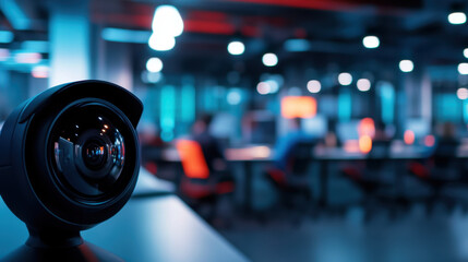 close up of high tech surveillance camera in modern office environment, showcasing advanced technology and sleek design. blurred background highlights workspace ambiance