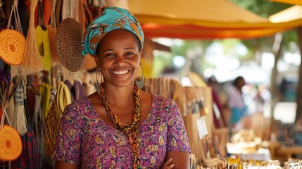 Woman vendor smiling at market stall, handcrafted goods, vibrant colors