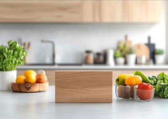 A wooden knife block on the kitchen counter surrounded by fresh vegetables and fruits in bowls or glassware set against an openconcept white kitchen with light woo