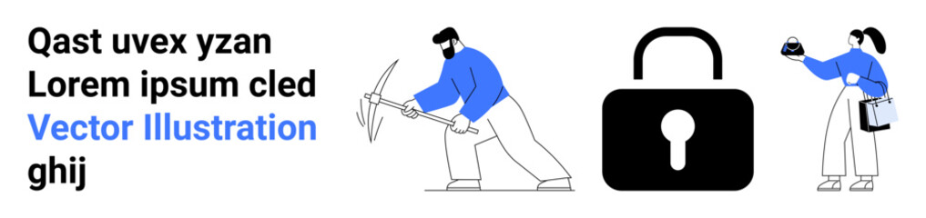 Male character mining data with pickaxe, female holding password with clipboard, large padlock as security symbol. Ideal for cybersecurity, data protection, encryption, privacy, hacking prevention