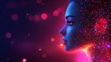 Abstract female profile, digital art, glowing particles, bokeh background