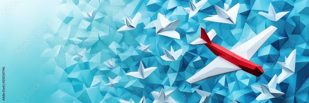 Poster formation of paper planes led by a striking red and white airplane in a brilliant blue sky. generati
