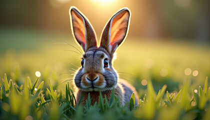 Fototapeta premium Rabbit ears peeking from green grass at sunset for Easter greeting cards, spring blogs, nature websites, wildlife photography, and educational materials about lagomorphs