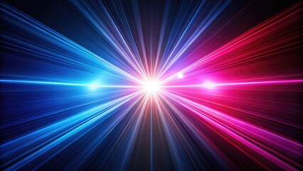Fototapeta premium Minimalist pink and blue light beams intersect geometrically against a dark backdrop, creating dynamic neon art.