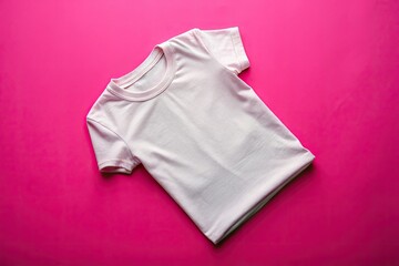 Fototapeta premium Minimalist pink backdrop showcases a rolled fabric and white tee; crisp, high-depth-of-field product shot.