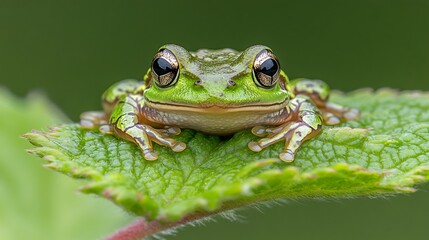 Fototapeta premium vibrant green frog on leaf: a close-up nature portrait