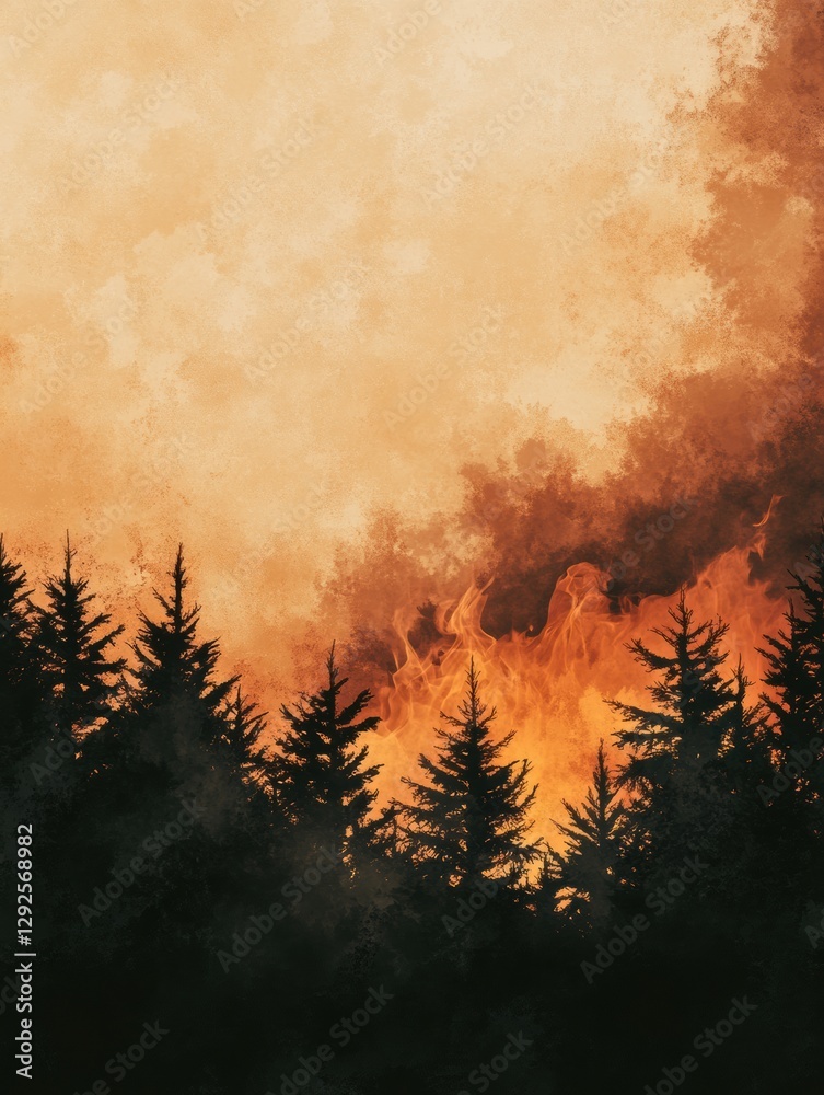 Poster intense forest fire with flames and smoke in warm hues provides backdrop for impactful messaging in 